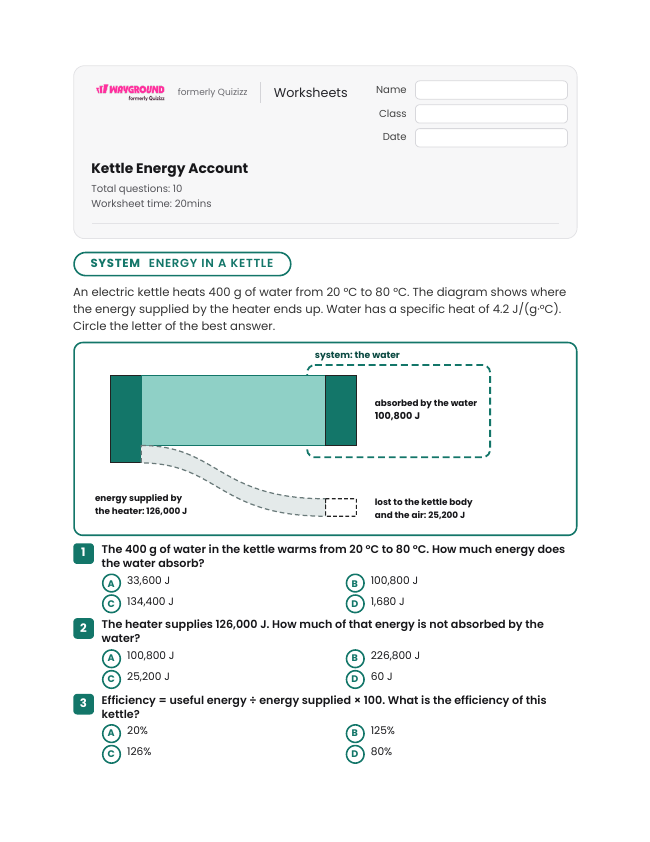 Kettle Energy Account - Imprimible Energía-térmica Hojas-de-trabajo Grado 8 - Wayground