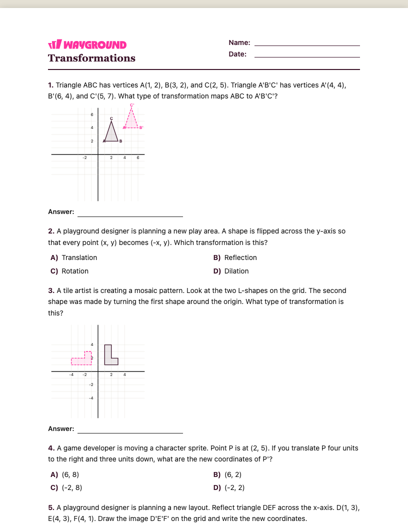 Transformations Worksheet - พิมพ์ได้ การเปลี่ยนแปลง เวิร์กชีท ระดับ 5 - Wayground