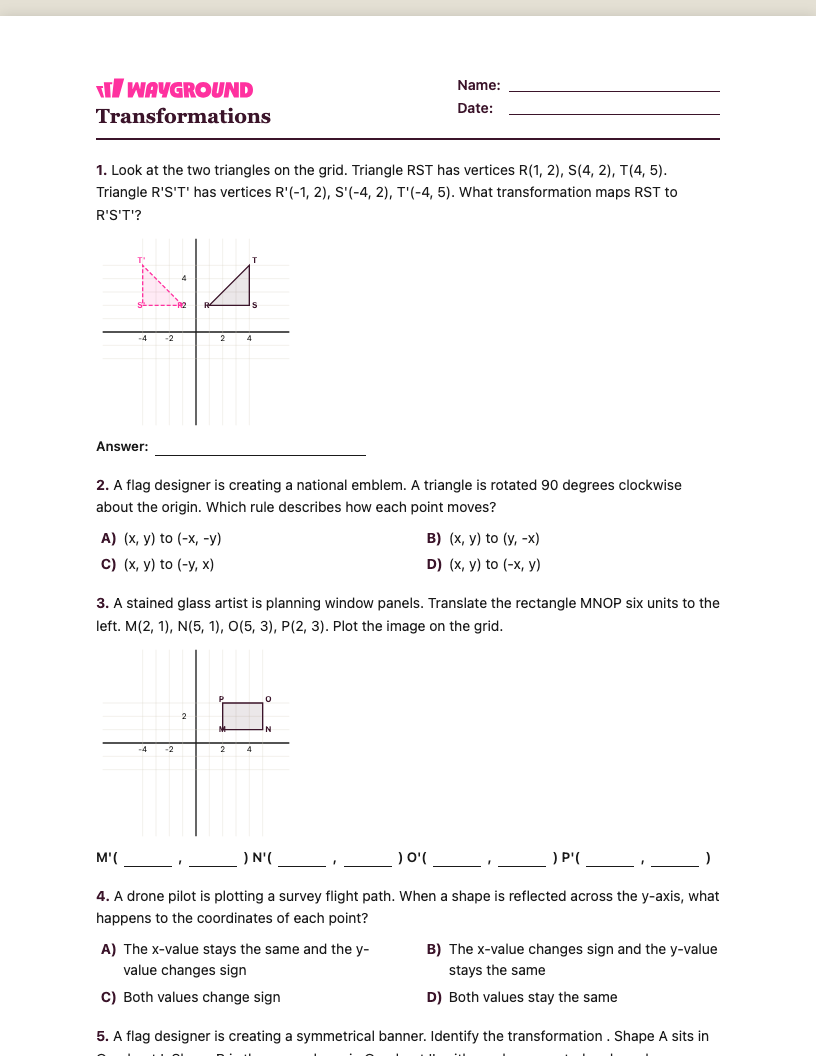 Transformations Worksheet - พิมพ์ได้ การเปลี่ยนแปลง เวิร์กชีท ระดับ 5 - Wayground