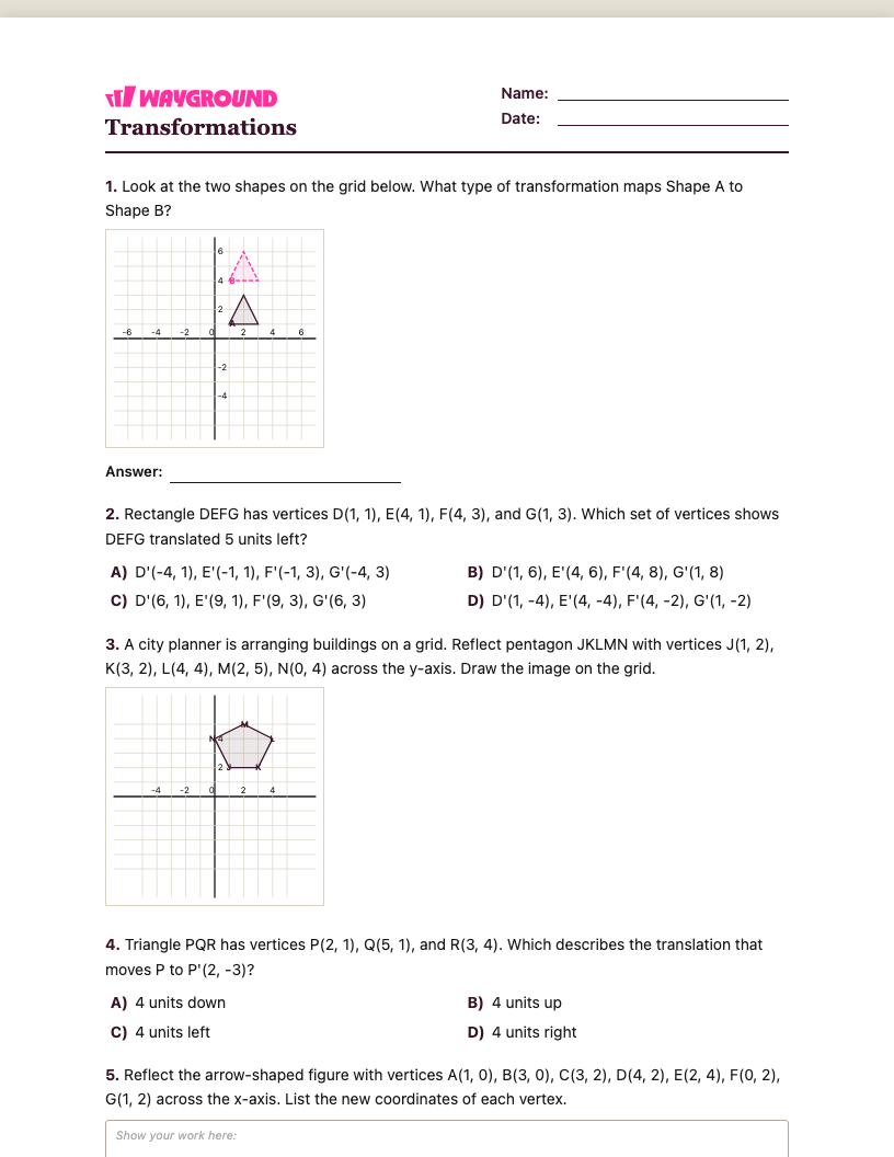 Transformations Worksheet - พิมพ์ได้ การเปลี่ยนแปลง เวิร์กชีท ระดับ 5 - Wayground