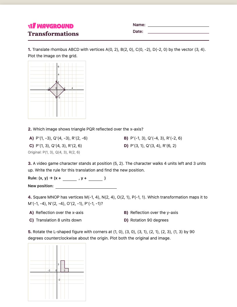 Transformations Worksheet - พิมพ์ได้ การเปลี่ยนแปลง เวิร์กชีท ระดับ 5 - Wayground