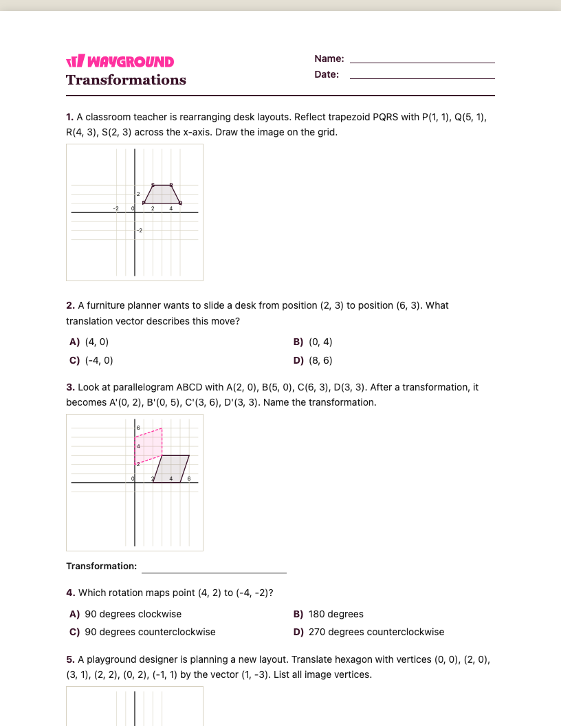 Transformations Worksheet - พิมพ์ได้ การเปลี่ยนแปลง เวิร์กชีท ระดับ 5 - Wayground