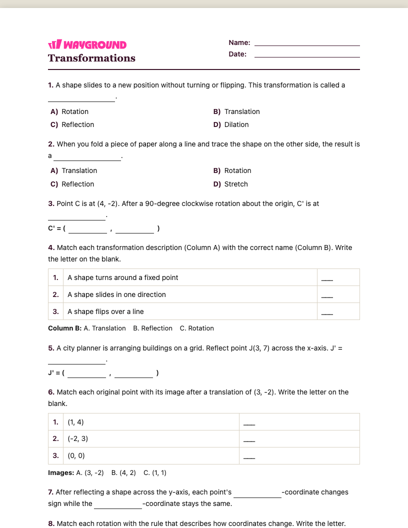 Transformations Worksheet - พิมพ์ได้ การเปลี่ยนแปลง เวิร์กชีท ระดับ 5 - Wayground