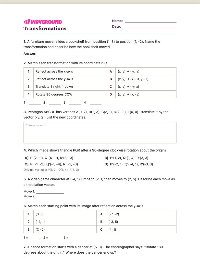 Transformations Worksheet - พิมพ์ได้ การเปลี่ยนแปลง เวิร์กชีท ระดับ 5 - Wayground