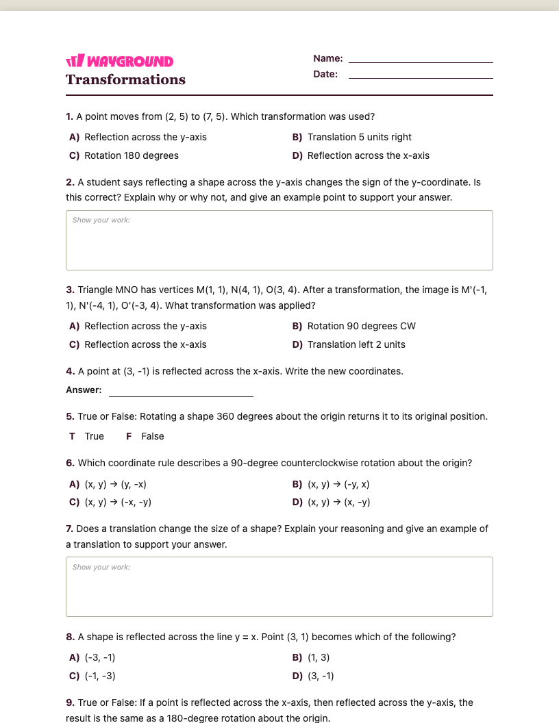 Transformations Worksheet - พิมพ์ได้ การเปลี่ยนแปลง เวิร์กชีท ระดับ 5 - Wayground