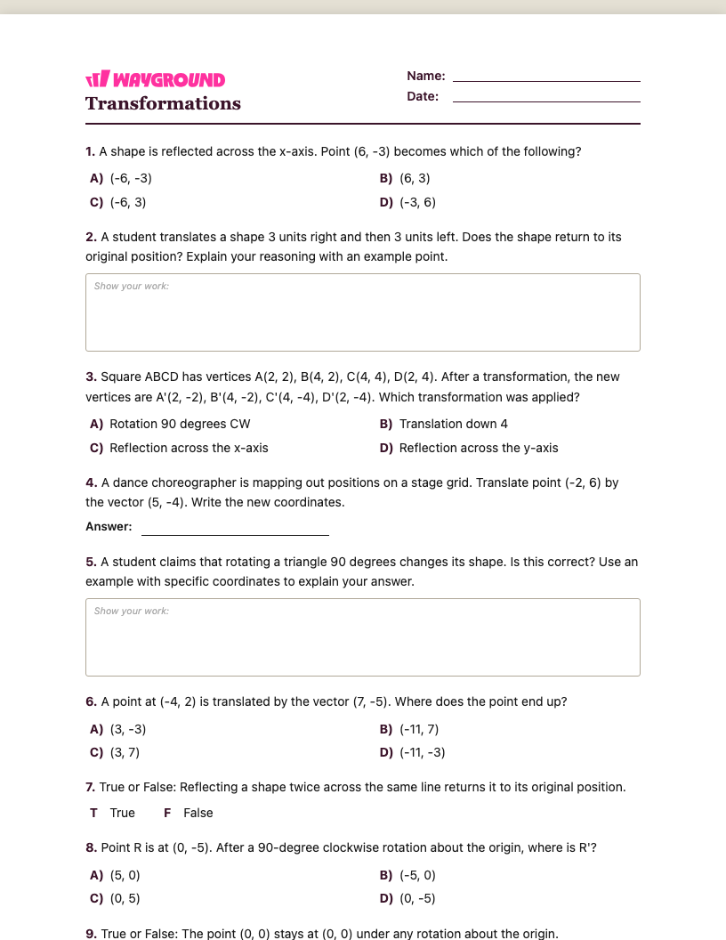Transformations Worksheet - พิมพ์ได้ การเปลี่ยนแปลง เวิร์กชีท ระดับ 5 - Wayground