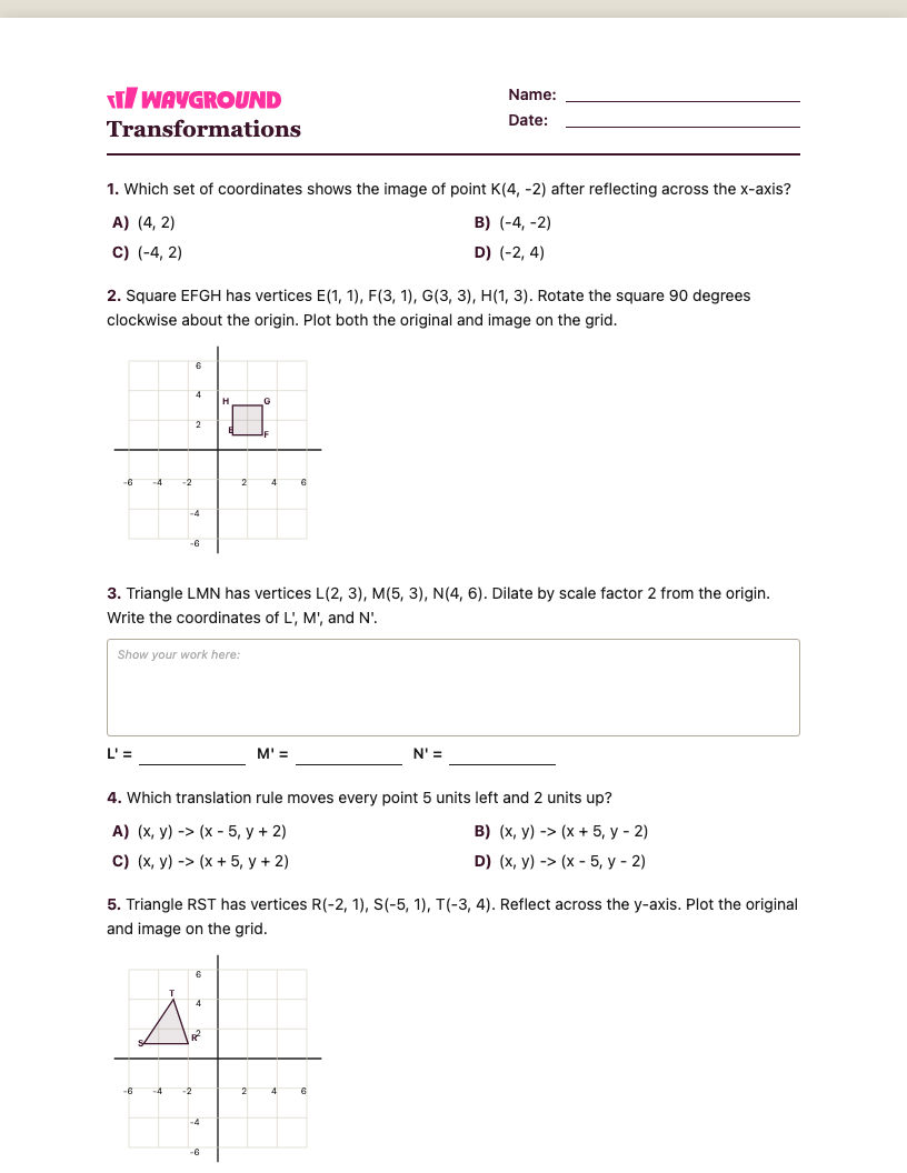 Transformations Worksheet - พิมพ์ได้ การเปลี่ยนแปลง เวิร์กชีท ระดับ 6 - Wayground