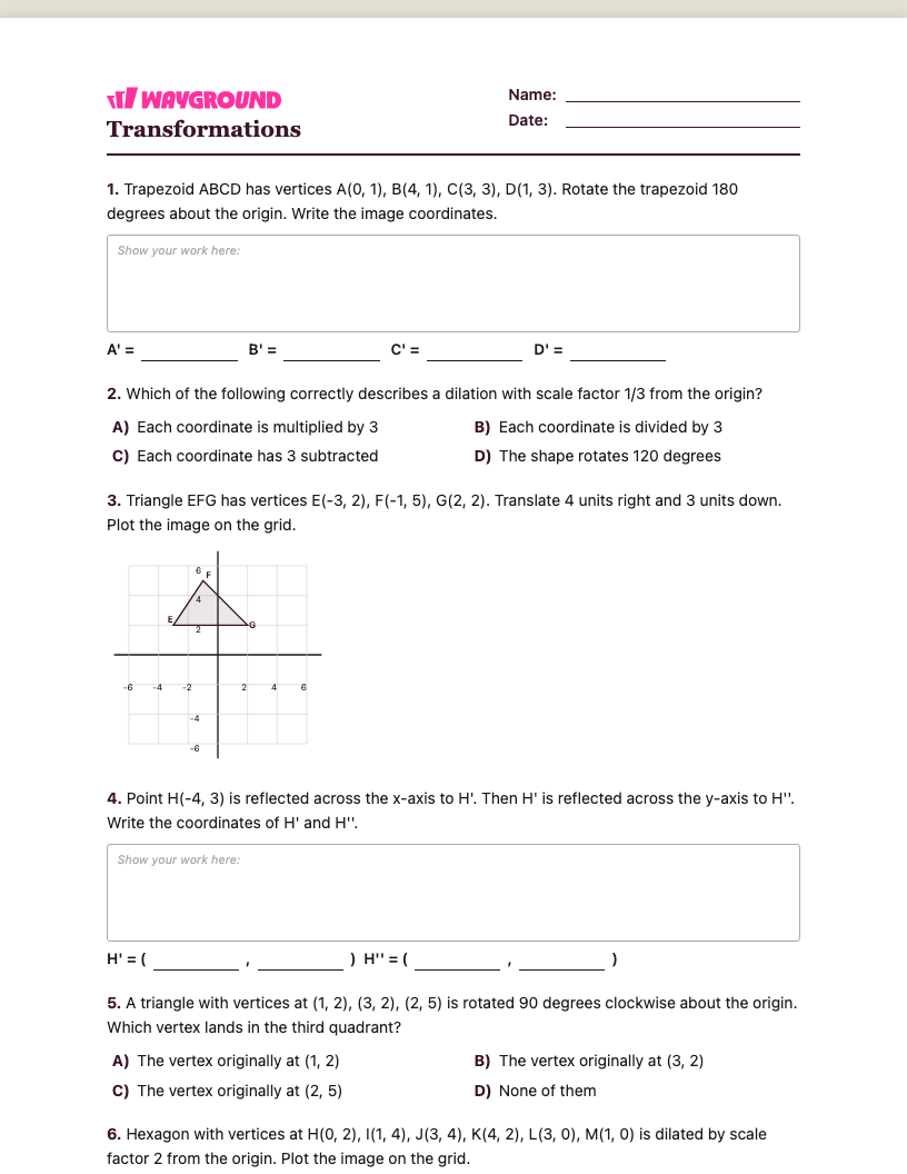 Transformations Worksheet - พิมพ์ได้ การเปลี่ยนแปลง เวิร์กชีท ระดับ 6 - Wayground
