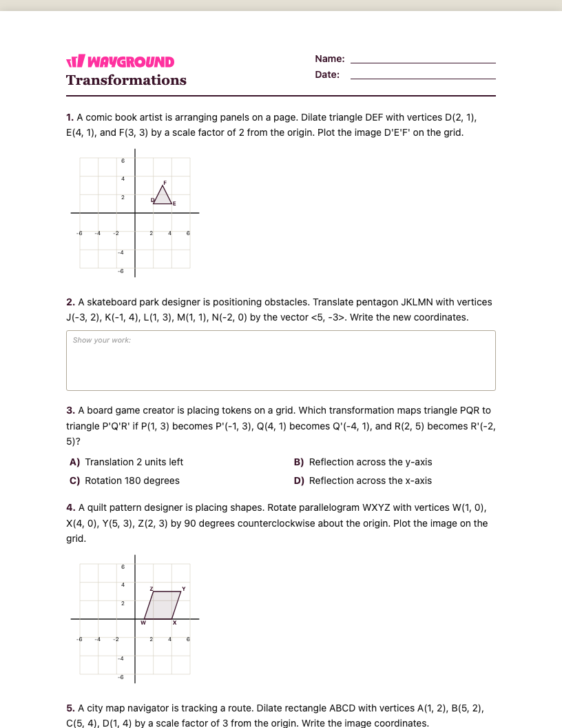 Transformations Worksheet - พิมพ์ได้ การเปลี่ยนแปลง เวิร์กชีท ระดับ 6 - Wayground
