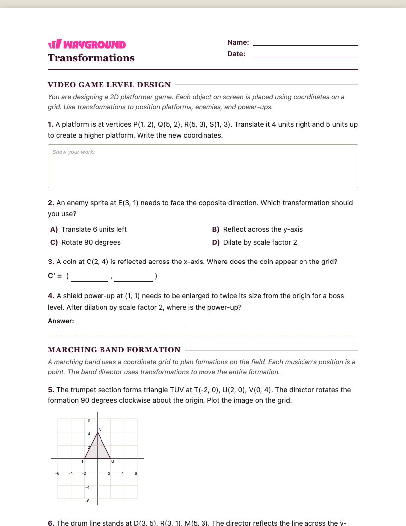 Transformations Worksheet - พิมพ์ได้ การเปลี่ยนแปลง เวิร์กชีท ระดับ 6 - Wayground