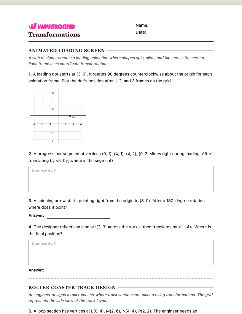 Transformations Worksheet - พิมพ์ได้ การเปลี่ยนแปลง เวิร์กชีท ระดับ 6 - Wayground