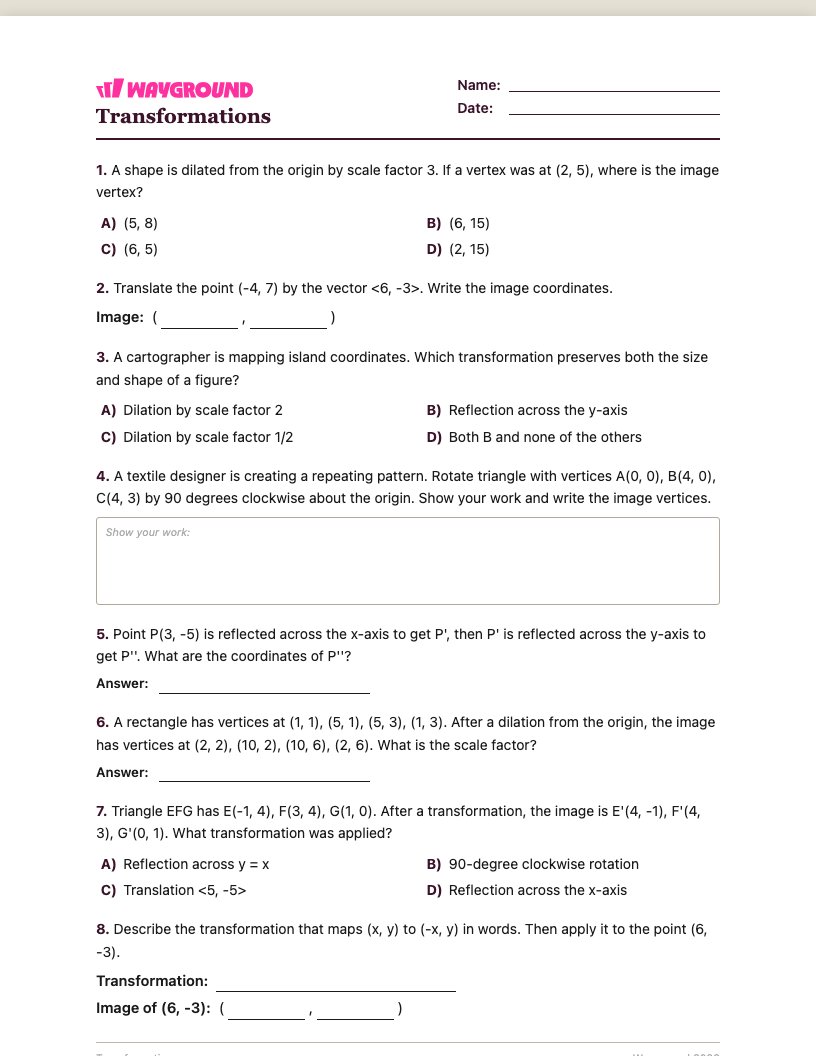 Transformations Worksheet - พิมพ์ได้ การเปลี่ยนแปลง เวิร์กชีท ระดับ 6 - Wayground