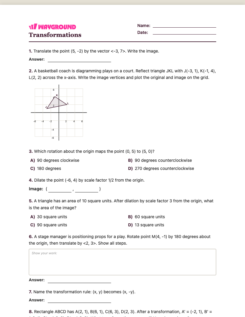 Transformations Worksheet - พิมพ์ได้ การเปลี่ยนแปลง เวิร์กชีท ระดับ 6 - Wayground