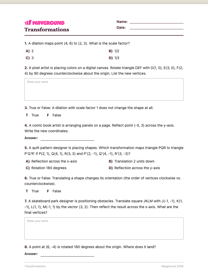 Transformations Worksheet - พิมพ์ได้ การเปลี่ยนแปลง เวิร์กชีท ระดับ 6 - Wayground