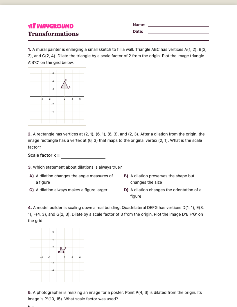 Transformations Worksheet - พิมพ์ได้ การเปลี่ยนแปลง เวิร์กชีท ระดับ 7 - Wayground