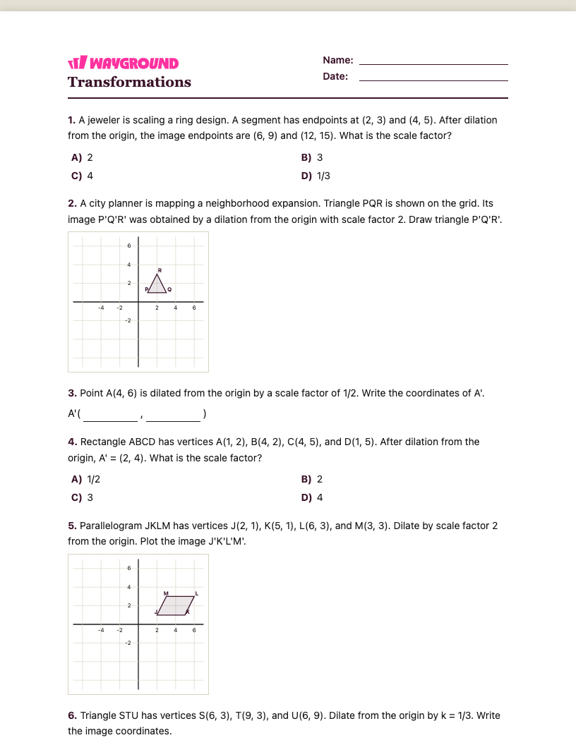 Transformations Worksheet - พิมพ์ได้ การเปลี่ยนแปลง เวิร์กชีท ระดับ 7 - Wayground