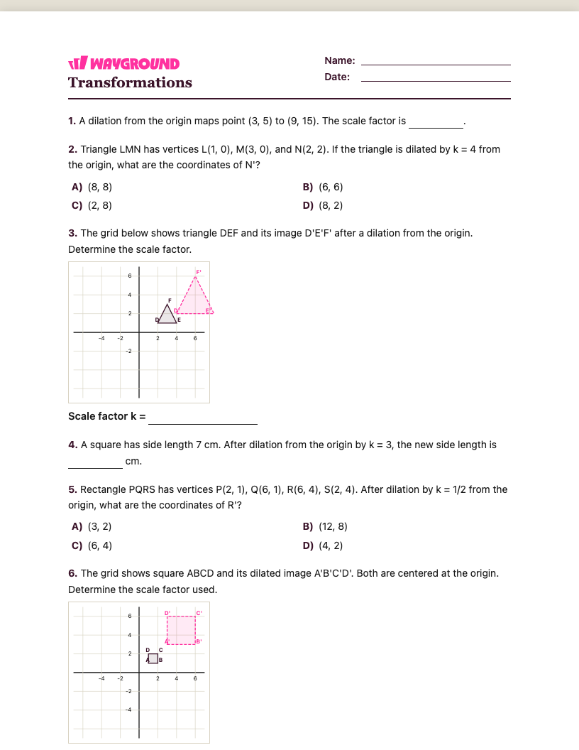 Transformations Worksheet - พิมพ์ได้ การเปลี่ยนแปลง เวิร์กชีท ระดับ 7 - Wayground