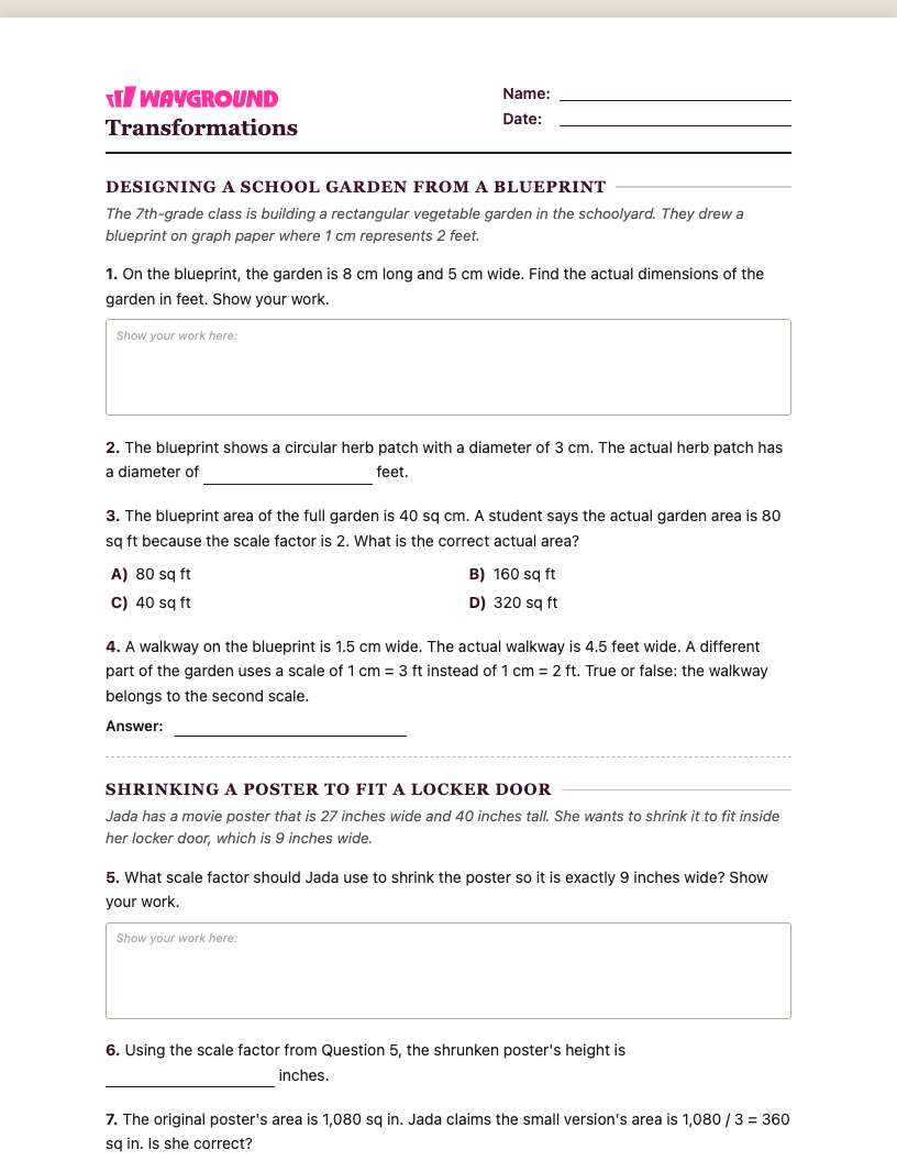 Transformations Worksheet - พิมพ์ได้ การเปลี่ยนแปลง เวิร์กชีท ระดับ 7 - Wayground