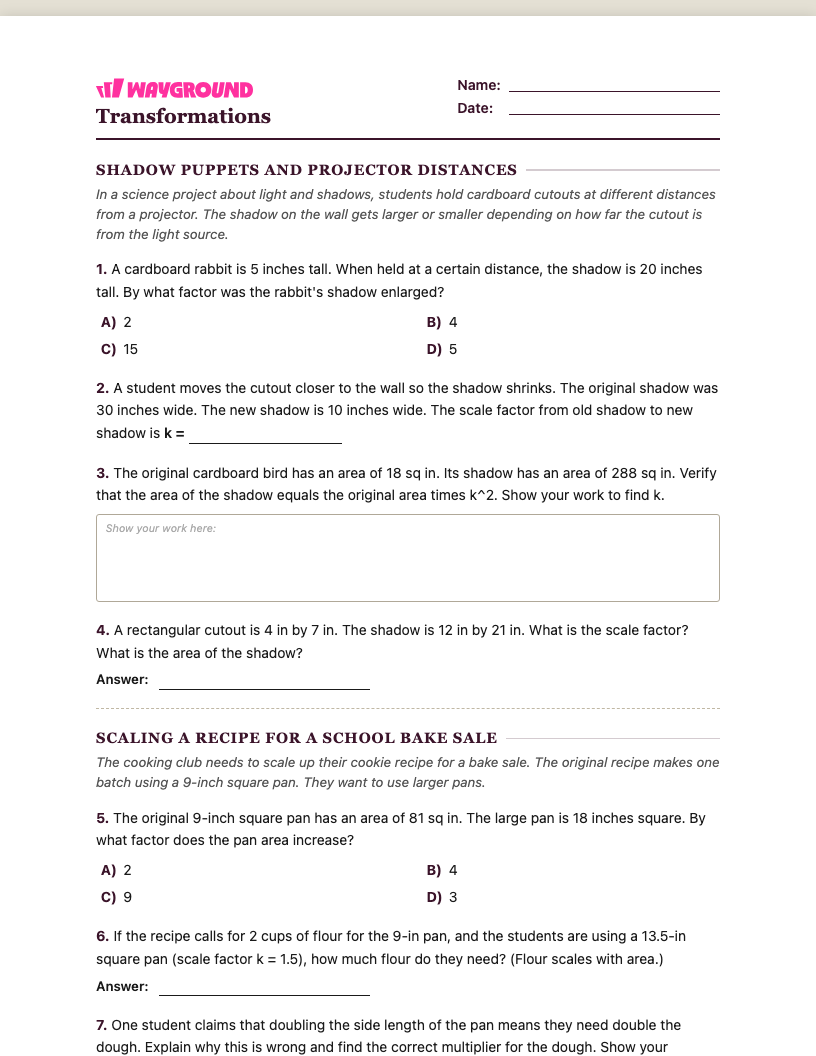 Transformations Worksheet - พิมพ์ได้ การเปลี่ยนแปลง เวิร์กชีท ระดับ 7 - Wayground