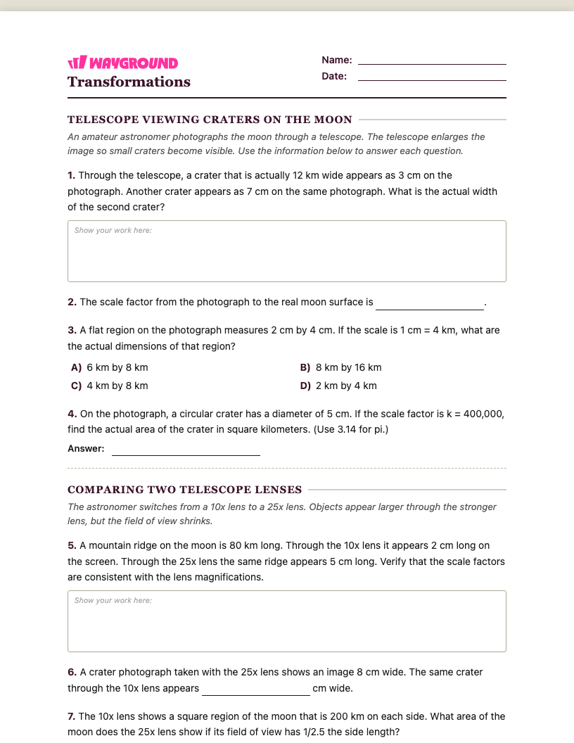 Transformations Worksheet - พิมพ์ได้ การเปลี่ยนแปลง เวิร์กชีท ระดับ 7 - Wayground