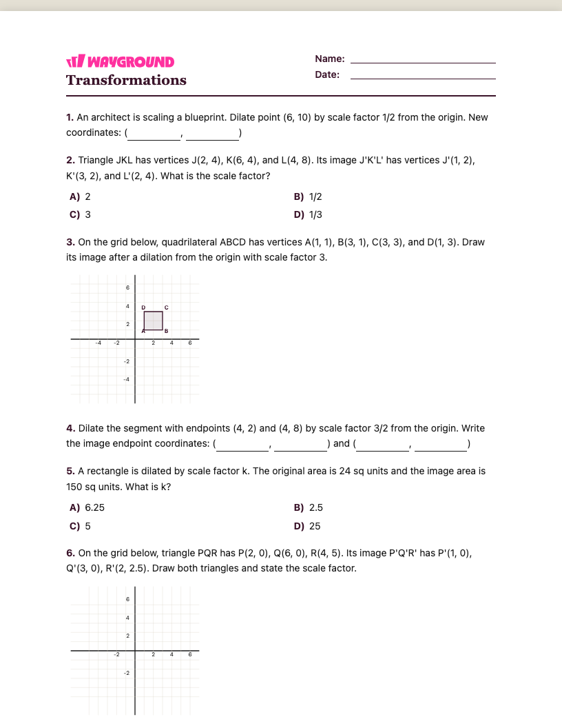 Transformations Worksheet - พิมพ์ได้ การเปลี่ยนแปลง เวิร์กชีท ระดับ 7 - Wayground