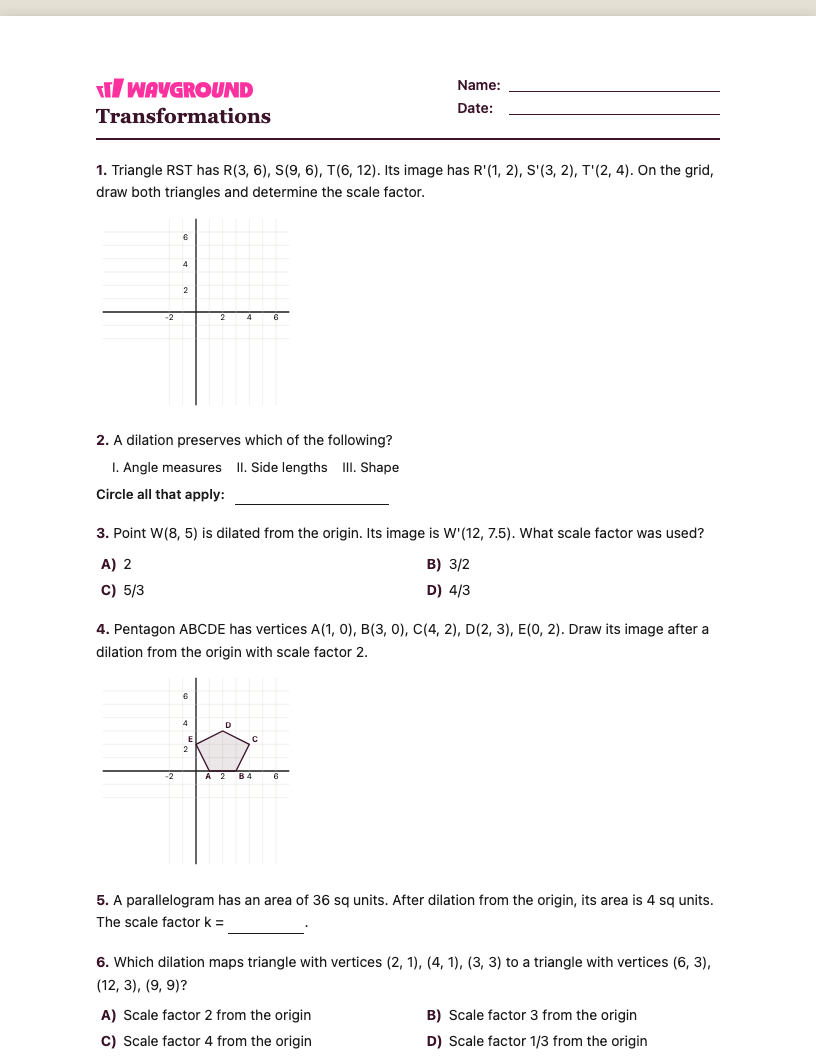 Transformations Worksheet - พิมพ์ได้ การเปลี่ยนแปลง เวิร์กชีท ระดับ 7 - Wayground