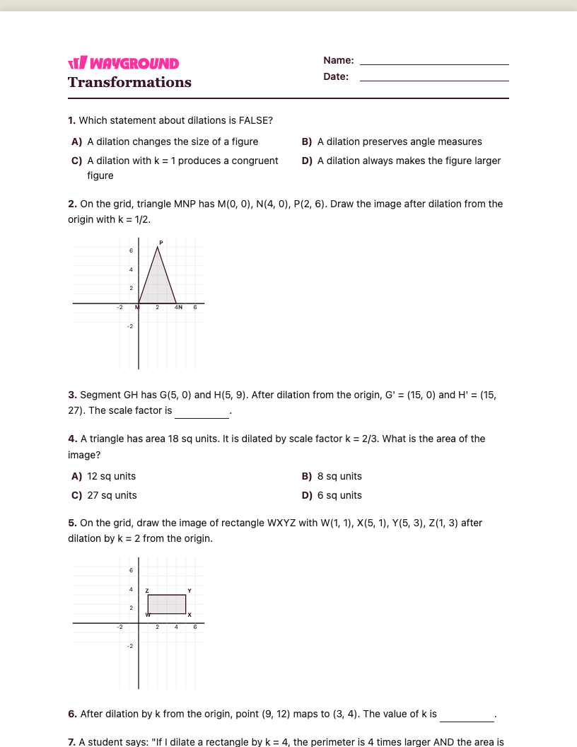 Transformations Worksheet - พิมพ์ได้ การเปลี่ยนแปลง เวิร์กชีท ระดับ 7 - Wayground