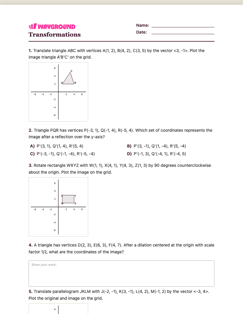 Transformations Worksheet - พิมพ์ได้ การเปลี่ยนแปลง เวิร์กชีท - Wayground
