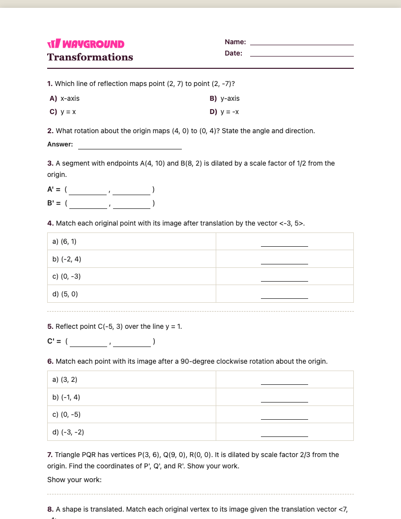 Transformations Worksheet - Printable Transformaciones Hojas-de-trabajo Grado 8 - Quizizz