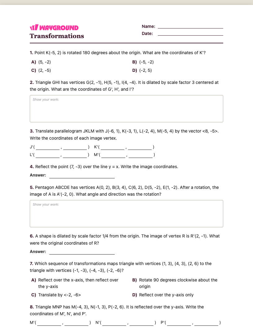Transformations Worksheet - Printable Transformaciones Hojas-de-trabajo Grado 8 - Quizizz