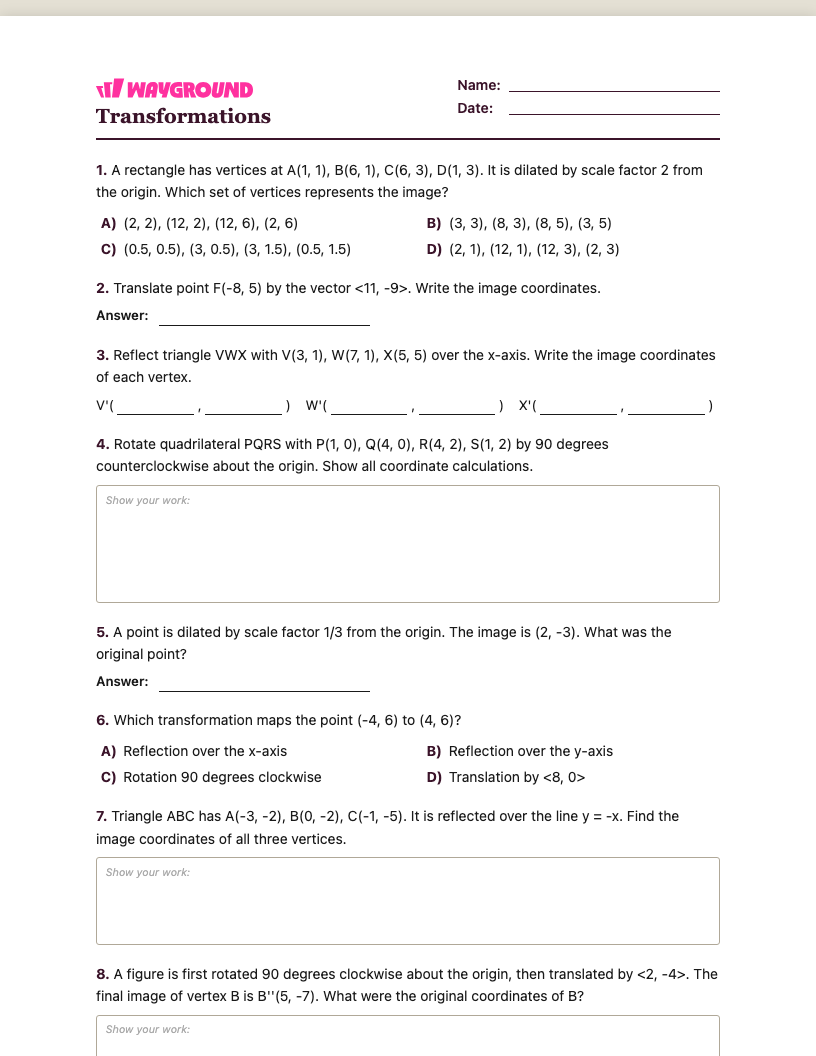 Transformations Worksheet - Printable Transformaciones Hojas-de-trabajo Grado 8 - Quizizz