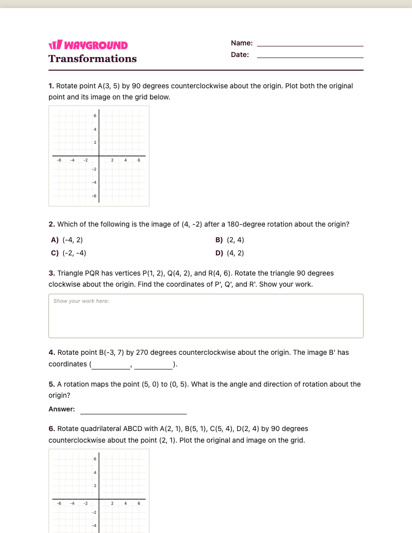 Transformations Worksheet - พิมพ์ได้ การเปลี่ยนแปลง เวิร์กชีท ระดับ 9 - Wayground