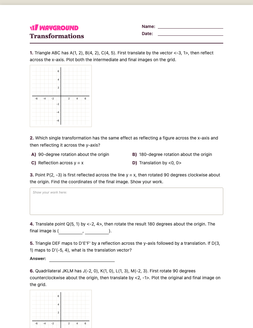 Transformations Worksheet - พิมพ์ได้ การเปลี่ยนแปลง เวิร์กชีท ระดับ 9 - Wayground