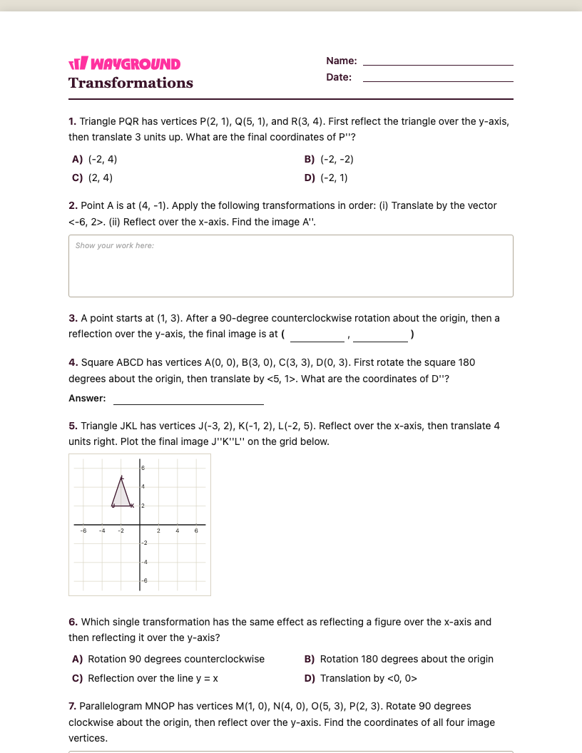 Transformations Worksheet - พิมพ์ได้ การเปลี่ยนแปลง เวิร์กชีท ระดับ 9 - Wayground