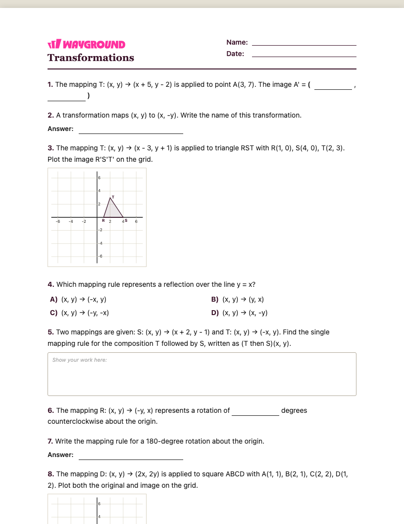 Transformations Worksheet - พิมพ์ได้ การเปลี่ยนแปลง เวิร์กชีท ระดับ 9 - Wayground