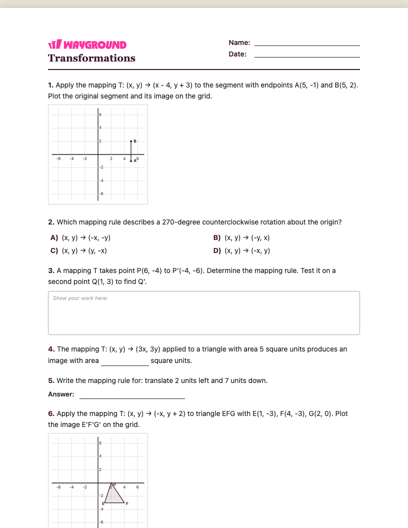 Transformations Worksheet - พิมพ์ได้ การเปลี่ยนแปลง เวิร์กชีท ระดับ 9 - Wayground