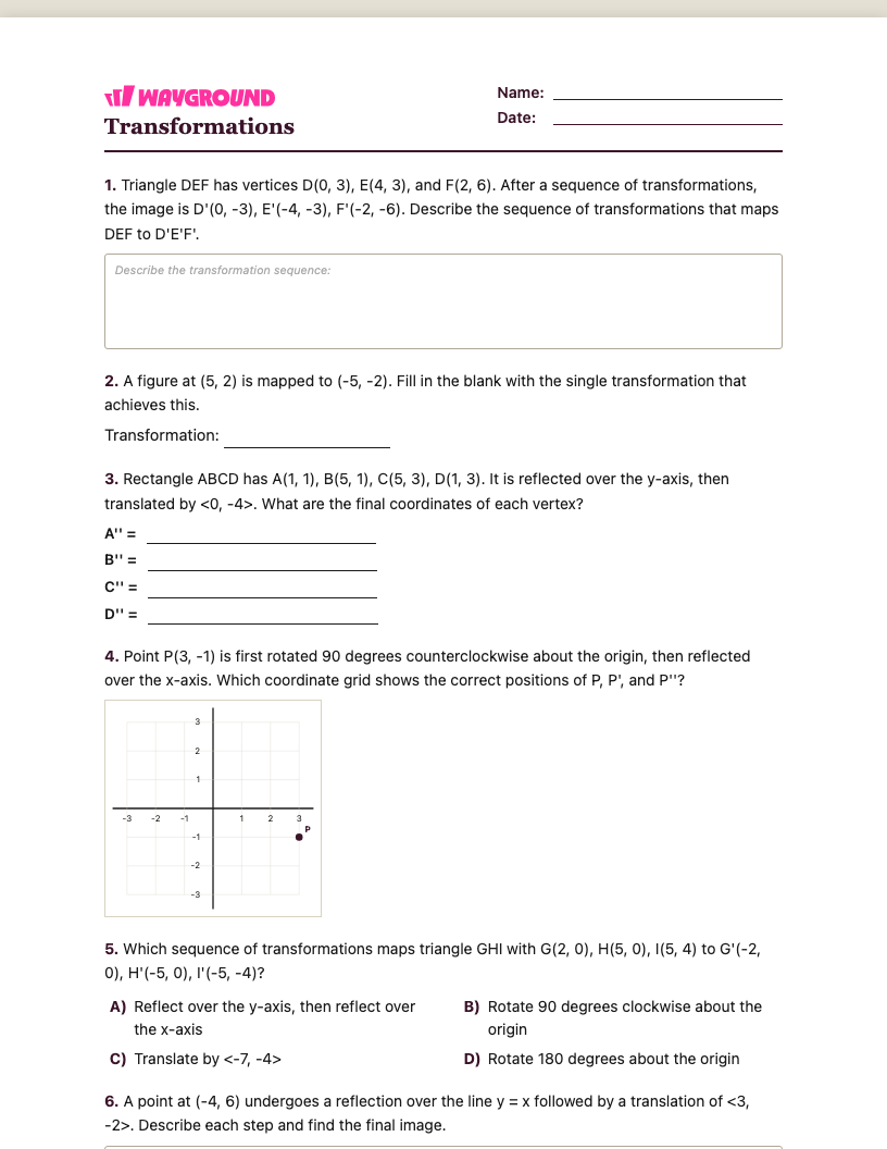 Transformations Worksheet - พิมพ์ได้ การเปลี่ยนแปลง เวิร์กชีท ระดับ 9 - Wayground