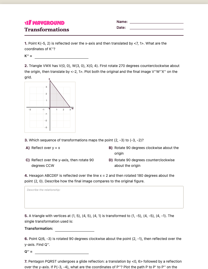 Transformations Worksheet - พิมพ์ได้ การเปลี่ยนแปลง เวิร์กชีท ระดับ 9 - Wayground