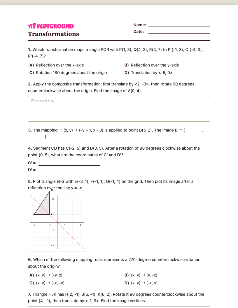 Transformations Worksheet - พิมพ์ได้ การเปลี่ยนแปลง เวิร์กชีท ระดับ 9 - Wayground
