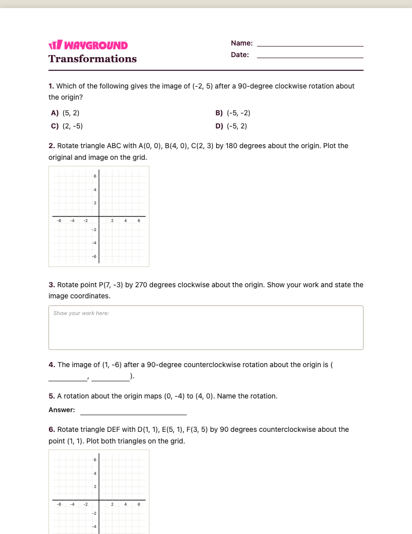 Transformations Worksheet - พิมพ์ได้ การเปลี่ยนแปลง เวิร์กชีท - Wayground