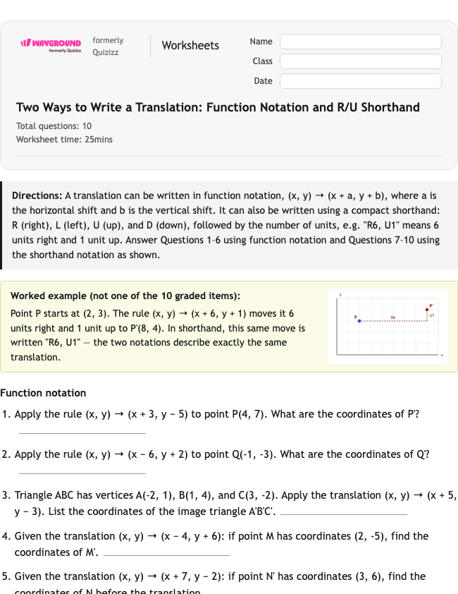 Two Ways to Write a Translation: Function Notation and R/U Shorthand - Imprimible Tłumaczenia Karty-pracy Klasa 10 - Wayground