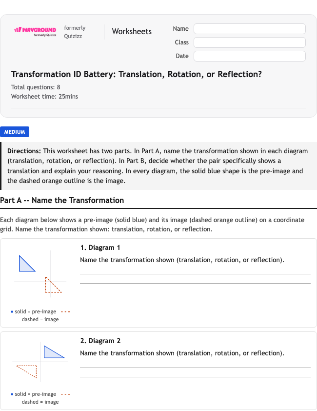 Transformation ID Battery: Translation, Rotation, or Reflection? - Imprimible Tłumaczenia Karty-pracy Klasa 10 - Wayground