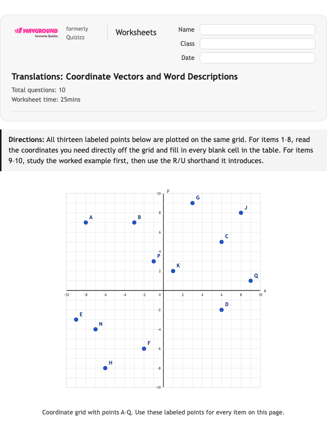 Translations: Coordinate Vectors and Word Descriptions - Nadający się do druku Tłumaczenia Karty-pracy Klasa 11 - Wayground