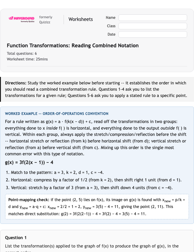 Function Transformations: Reading Combined Notation - Nadający się do druku Tłumaczenia Karty-pracy Klasa 11 - Wayground