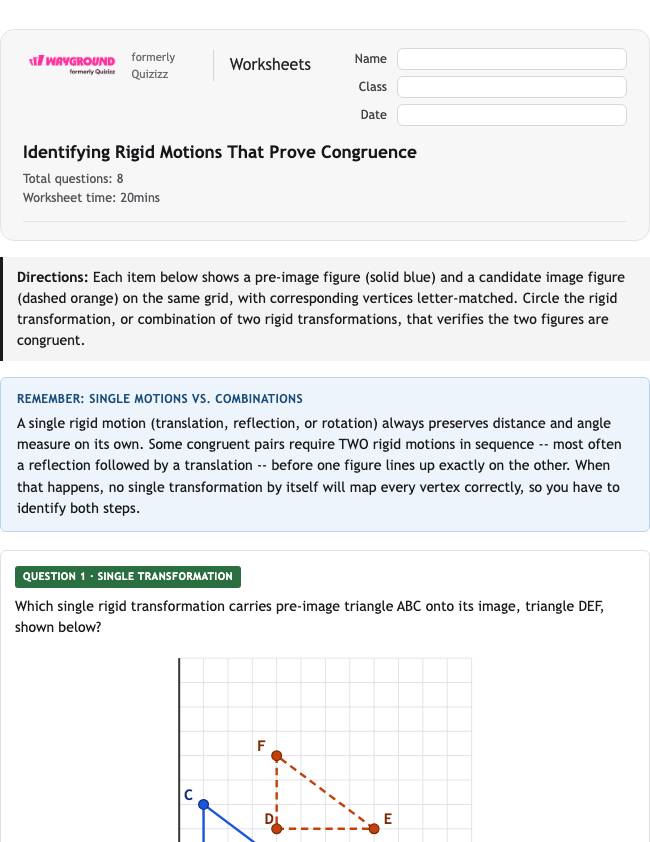 Identifying Rigid Motions That Prove Congruence - Nadający się do druku Tłumaczenia Karty-pracy Klasa 11 - Wayground
