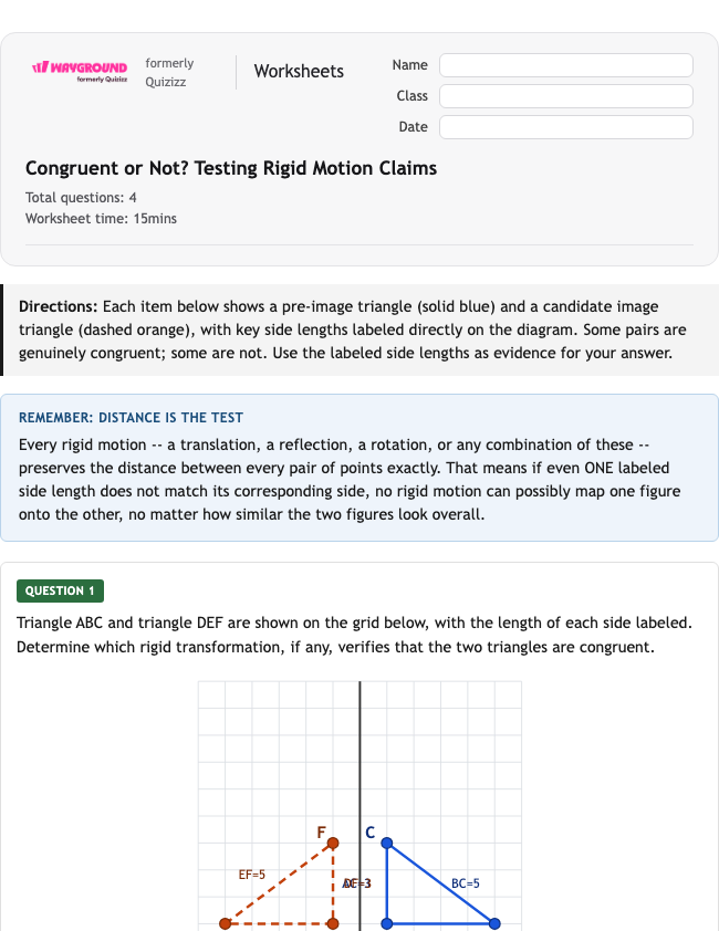 Congruent or Not? Testing Rigid Motion Claims - Nadający się do druku Tłumaczenia Karty-pracy Klasa 11 - Wayground