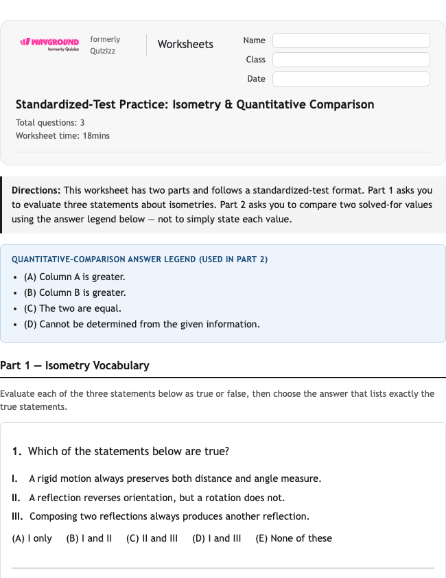 Standardized-Test Practice: Isometry & Quantitative Comparison - Nadający się do druku Tłumaczenia Karty-pracy Klasa 11 - Wayground