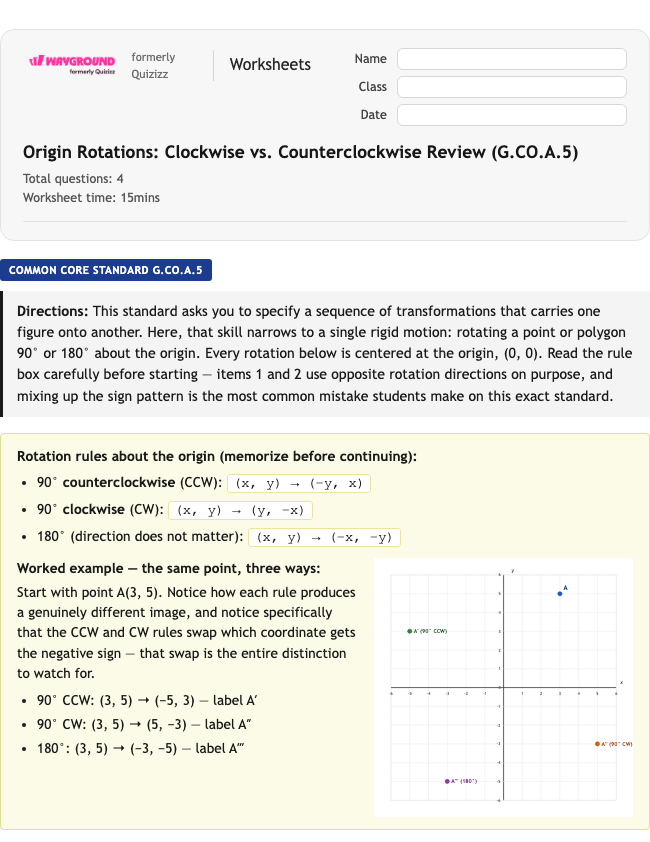 Origin Rotations: Clockwise vs. Counterclockwise Review (G.CO.A.5) - Nadający się do druku Tłumaczenia Karty-pracy Klasa 11 - Wayground
