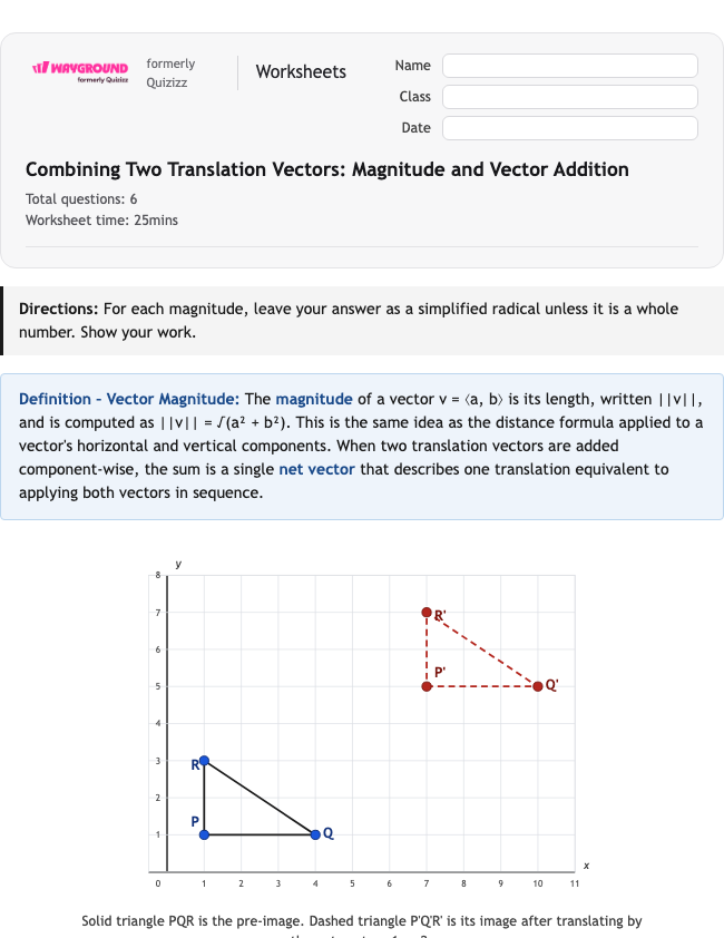 Combining Two Translation Vectors: Magnitude and Vector Addition - Nadający się do druku Tłumaczenia Karty-pracy Klasa 12 - Wayground