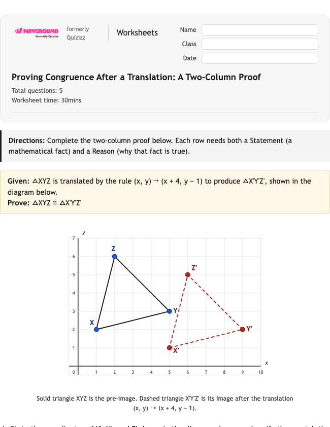 Proving Congruence After a Translation: A Two-Column Proof - Nadający się do druku Tłumaczenia Karty-pracy Klasa 12 - Wayground